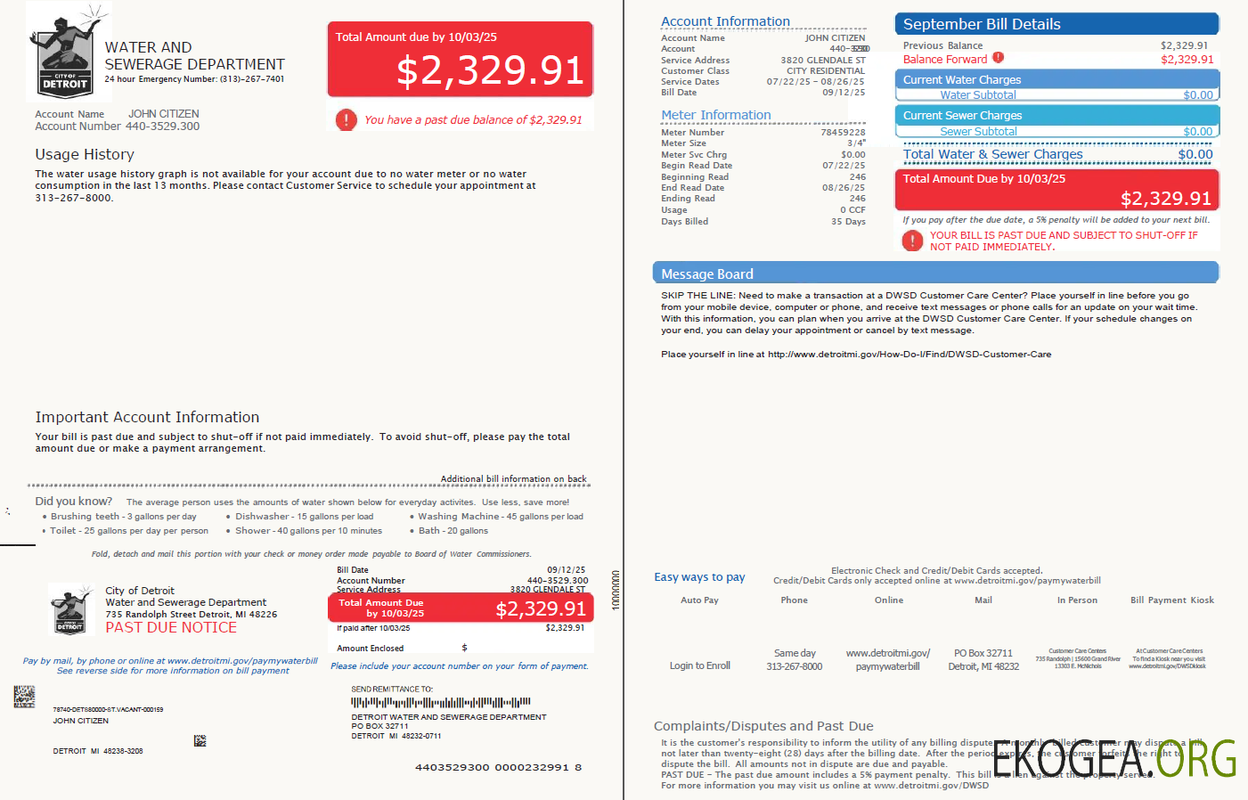 USA Glendale Water and Sewerage Department utility bill template in Word and PDF formats, 2 pages